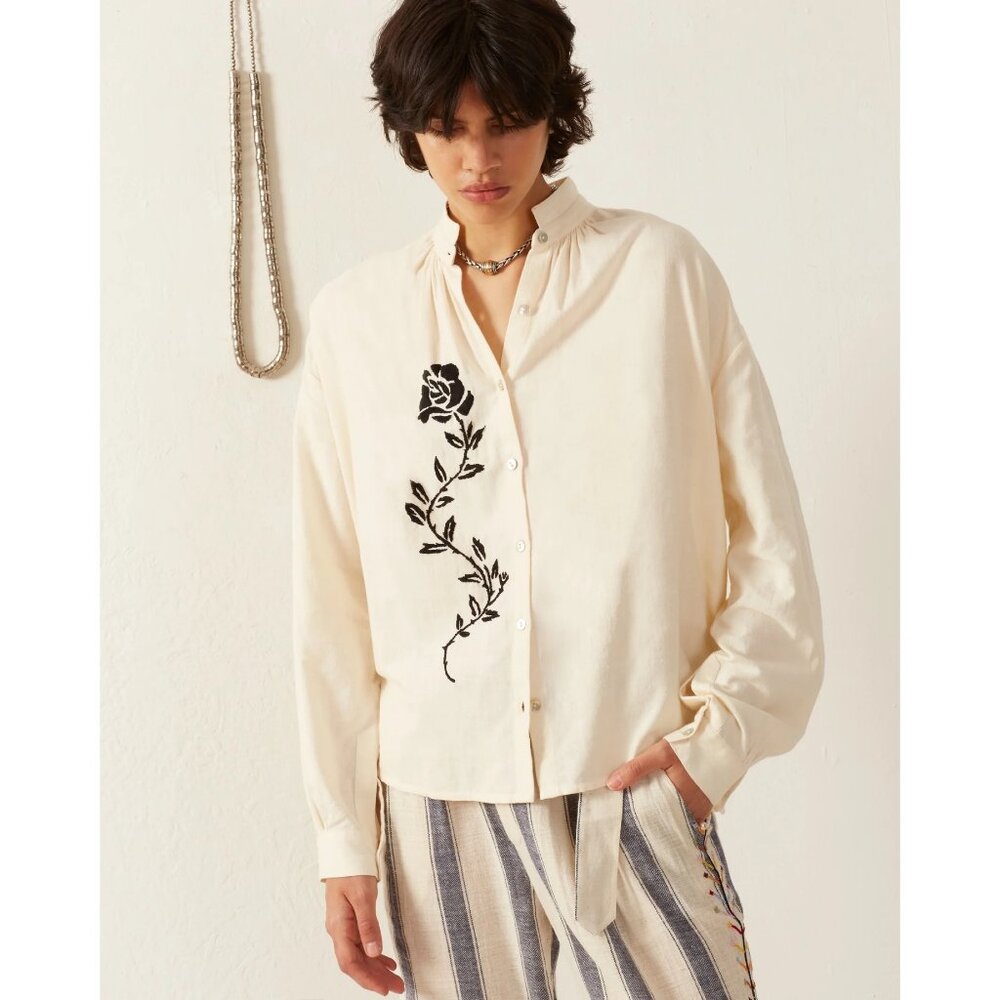 Alix Of Bohemia Kiki Noir Rose Embroidered Shirt in Ivory